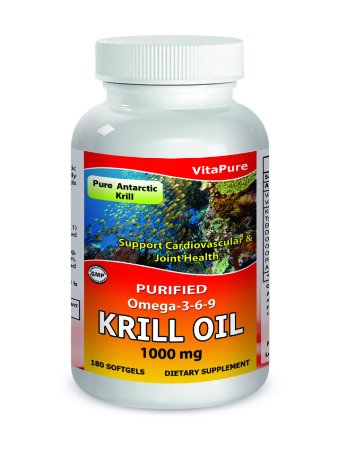 VitaPure Krill Oil 1000 mg 180 Softgels - Pure Antarctic Krill - Purified Omega 3-6-9 -Supports Cardiovascular and Joint health