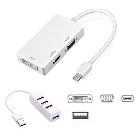 Mini DisplayPort Thunderbolt 2 to HDMI/DVI/VGA Adapter and 4 USB 2.0 Hub Combo For Macbook Pro Air iMac Mac ,Microsoft Surface Pro 2 3 4 and Book, Lenovo x1 Carbon Alienware 14 17 18 Chromebook -White