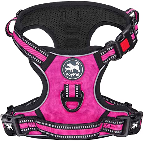 PoyPet No Pull Dog Harness, [Release on Neck] Reflective Adjustable No Choke Pet Vest with Front & Back 2 Leash Attachments, Soft Control Training Handle for Small Medium Large Dogs