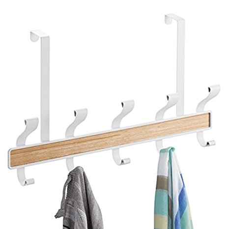 mDesign Over the Door 10-Hook Rack for Coats, Hats, Robes, Towels - White/Light Wood Finish