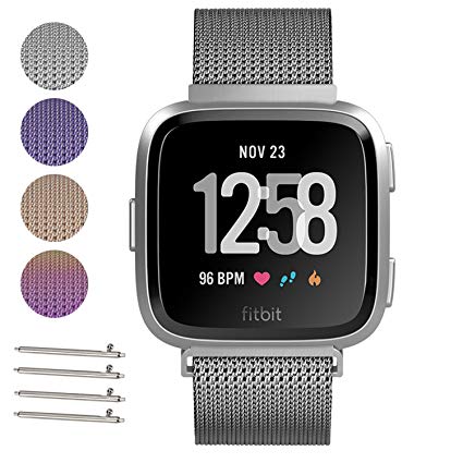 For Fitbit Versa Bands for Women Men, OEAGO Stainless Steel Milanese Loop Metal Replacement Accessories Bracelet Strap with Unique Magnet Lock for Fitbit Versa Smartwatch Large (Silver)