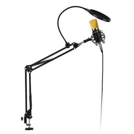 AUKEY Condenser Microphone with Pop Filter   Adjustable Suspension Scissor Arm Stand for PC Laptop