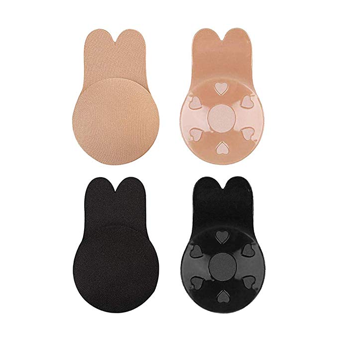 Invisible Bra Adhesive Strapless Backless Breast Lift Nipplecovers Sticky Invisible Bra Rabbit's Ears 2 Pairs Nude and Black