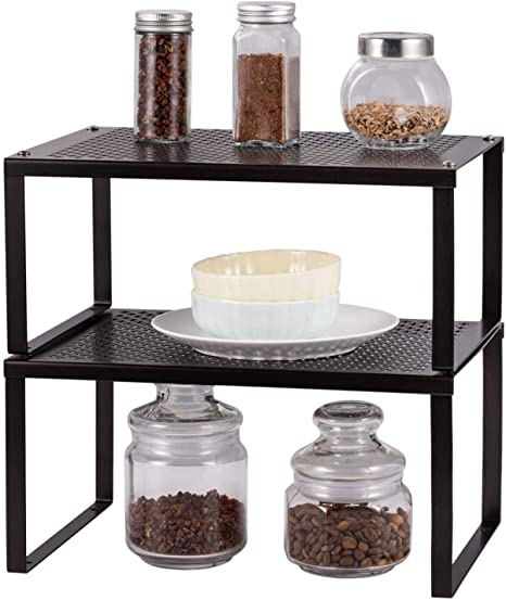 Shelf Insert,2 Pack Expandable and Stackable Counter Shelf Organizer, Kitchen Cabinet Counter Top Organizer Shelf for Bathroom, Kitchen, Laundry Room, Bronze
