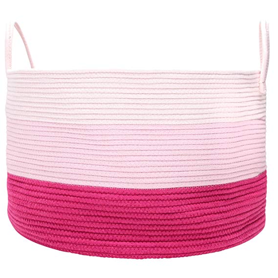 OrganiHaus XXL Extra Large Cotton Rope Basket | 20"x13.5" Blanket Storage Basket with Long Handles | Decorative Clothes Hamper Basket | Baby and Kids Room Toy Bin | Pillow & Blanket Basket (Pink)