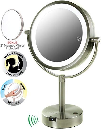 Ovente 360-Degree LED Lighted Tabletop Makeup Mirror with Motion Sensor, 8.5 Inch, Dual-Sided, 1x/5x Magnification, Smart Touch Technology, Nickel Brushed (MPTS8385BR1x5x)