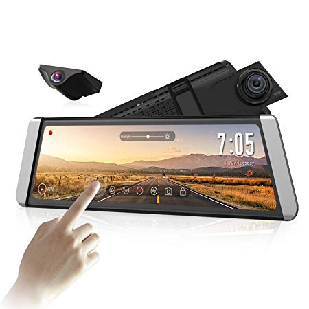 AUTO-VOX Upgrade Mirror Dash Cam Backup Camera Kit Dual Lens 9.88" Full Touch Screen Stream Media AHD Reverse Camera,1296P FHD Front Camera and 720P Rear View Recorder Dash Camera with LDWS,GPS