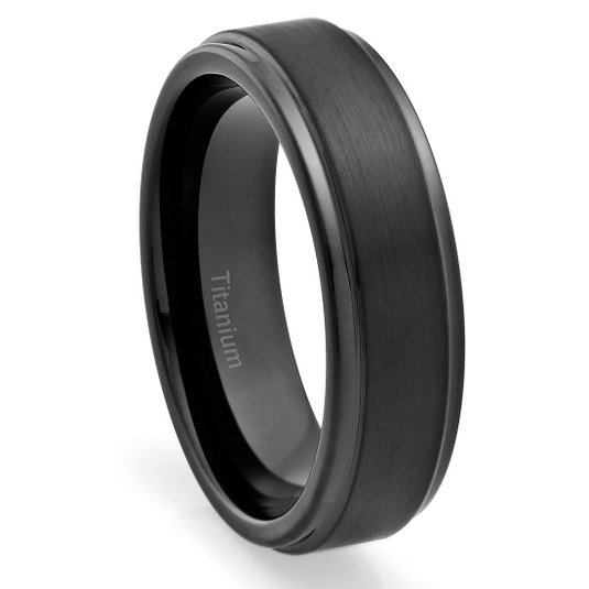 6MM Titanium Ring Wedding Band Black Plated, Brushed Top and Grooved Polished Edges