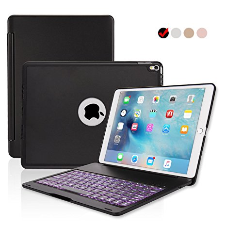 ipad Pro 10.5 Keyboard Case, ONHI Wireless Bluetooth Keyboard Case Aluminum shell Smart Folio Case with 7 Colors Back-lit, Auto Sleep / Wake, Silent Typing, the Screen can be Rotated 135 ° (Black)
