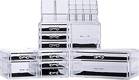 Cq acrylic Large 9 Tier Clear Acrylic Cosmetic Makeup Storage Cube Organizer 11 Drawers. It Consists 4 Separate Organizers, Each Which Can be Used Individually -9.5"x6.5"x14.5"