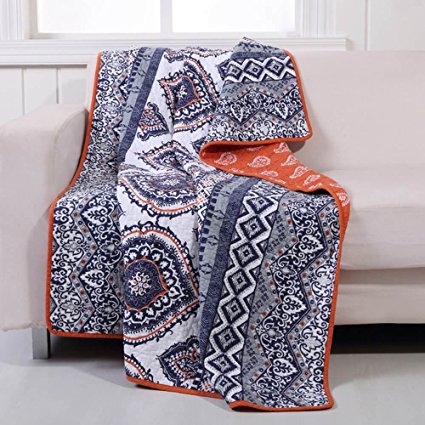 Boho Chic Moroccan Paisley Pattern Grey Orange Cotton Quilt Throw Blanket - Includes Bed Sheet Straps