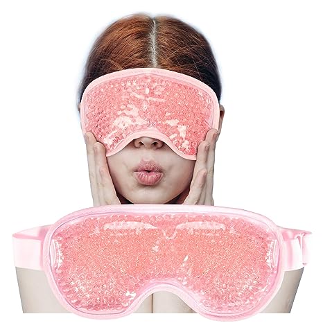 Cooling Ice Gel Eye Mask-Reusable Eye Masks, Sleeping Mask with Plush Backing for Headache, Puffiness, Allergies, Migraine, Stress Relief (Pink)