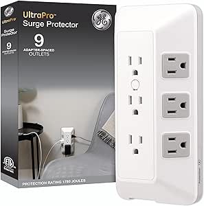 GE 9-Outlet Surge Tap, Outlet Extender, Wall Tap, Adapter Spaced, for Home, School, and Office,1780J, White/Gray - 73628