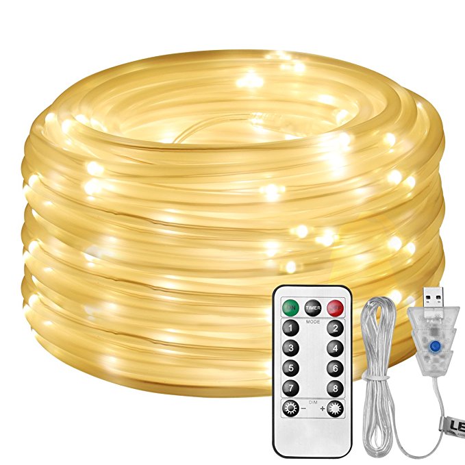 LE 33ft 100 LED Dimmable Rope Lights, USB Powered Waterproof Rope Lighting, 8 Lighting Modes/Timer, Indoor Outdoor Ambiance Lighting Ideal for Patio Garden Party Wedding Holiday Decor (Warm White)