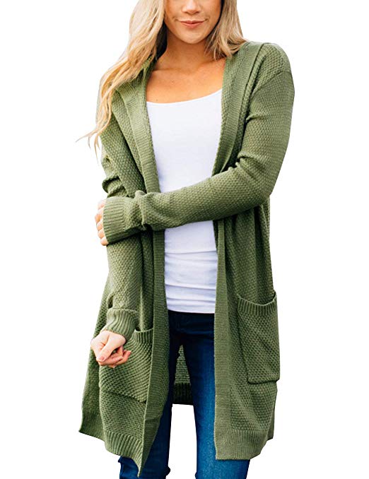 MEROKEETY Women's Long Sleeve Open Front Hoodie Knit Sweater Cardigan with Pockets