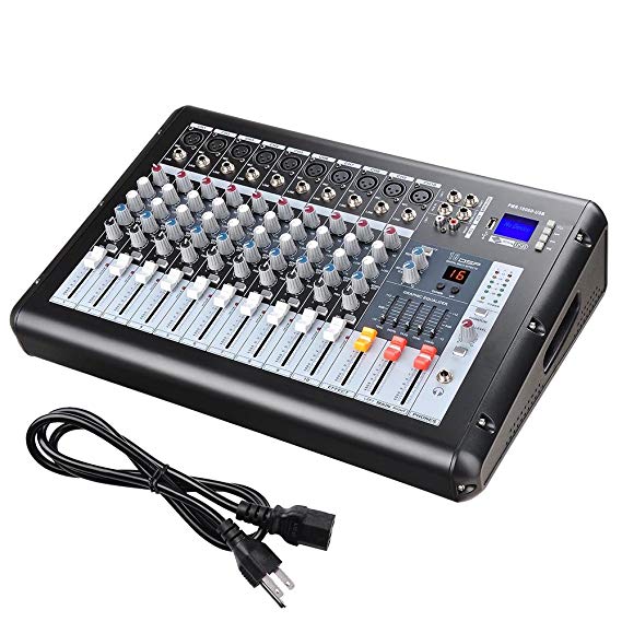 AW 10 Channel Professional Powered Mixer with USB Slot DJ Power Mixing 110V 18.9"x13.2"x5.3"