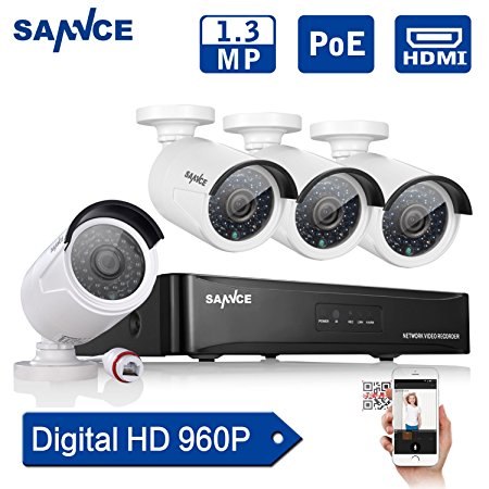 Sannce® 4CH 960P PoE NVR CCTV Camera System with 4x 1.3MP Indoor/Outdoor Fixed Surveillance Cameras, QR Code Scan Easy Setup, IP66 Weatherproof Metal Housing, Quick Remote Access( No HDD)
