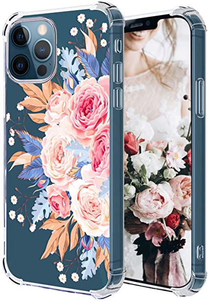 Hepix Compatible with Floral iPhone 12 Pro Max Clear Case Pink Purple Rose Phone Case, Flower iPhone 12 Pro Max Cover with Flexible Soft TPU 4 Protective Bumpers Raised Lips for iPhone 12 Pro Max 6.7"