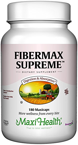 Maxi Health Fibermax Supreme - Psyllium Husk & Flax Bran - Constipation Help - 180 Capsules - Kosher