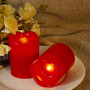 LK Flickering Flameless Candle Set of 2 (D3 X H4) Red Real Wax Pillars, Battery Operated Realistic LED Candle Light with Remote Timer