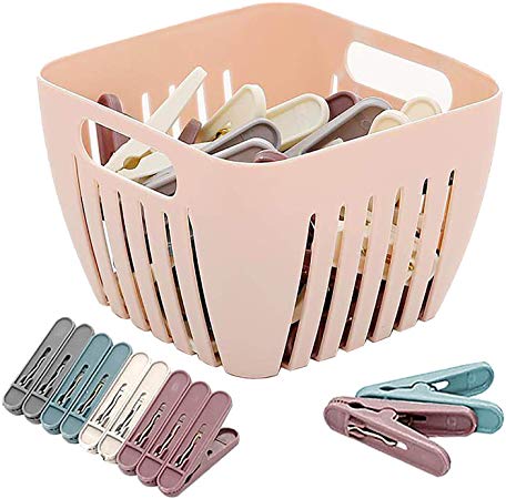 Sooneat Clothes Pins Mini Clothespins Plastic - 24 PCS Small Colorful Clothespins Mixed Color Clothes Line Clips with Pink Small Basket, Ideal for Chip Clips, Home Office (Colors in Random)