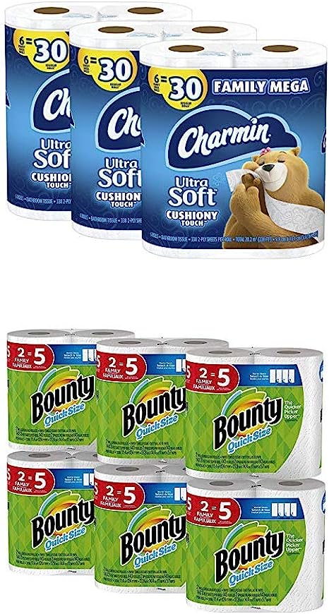Charmin Ultra Soft Cushiony Touch Toilet Paper, 18 Family Mega Rolls, with Bounty Quick-Size Paper Towels, 12 Family Rolls (Bundle)