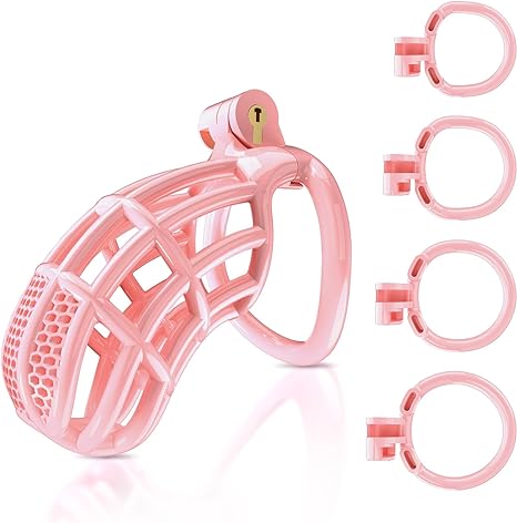 Male Chastity Device Cock Cage - UTIMI Large Plastic Chastity Cage for Man Penis Exercise 3D Printed Pink Bondage Gear Lightweight Adult Sex Toy with 4 Sizes Rings Invisible Lock and Key