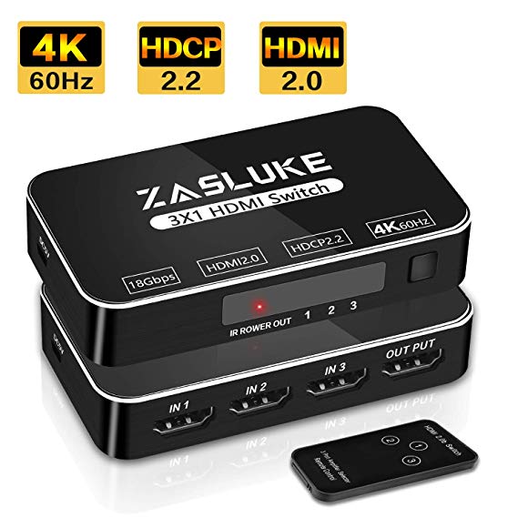 ZasLuke HDMI Switch, 3 in 1 Out 4K HDMI Splitter with IR Wireless Remote, 3x1 HDMI Switcher Supports 4K@60Hz, HDCP 2.2, 3D, HDR, 1080P for Nintendo, Xbox, Fire Stick, PS4 and More