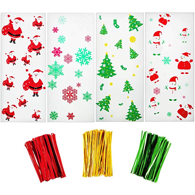 Boao 200 Pieces Christmas Cellophane Treat Bags Clear Candy Bags with Snowflake Snowman Santa Claus Christmas Trees Patterns and 300 Pieces Twist Ties for Christmas Party