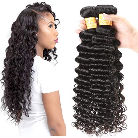 JQM 8A Brazilian Deep Wave Bundles Unprocessed Virgin Curly Hair Weave Remy Wavy Human Hair Extensions 3 Bundles Deals #1B Natural Black Color (18 20 22)