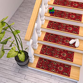 Sweet Home Stores Sweethome Collection Traditional Oriental Design Rubberback Stair Treads, 8.5″ x 26″, Red, 7 Pack