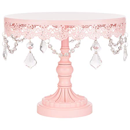 "Sophia Collection" Metal Cake Dessert Stand with Crystal Beads and Dangles, 10" Diameter Plate (Pink)