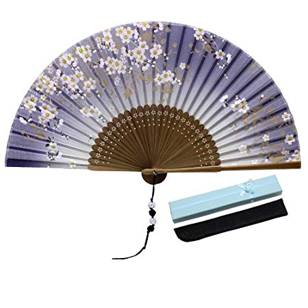 JSSWB Silk Folding Fan, Chinese/Japanese Vintage Retro Style Handmade Silk Hand Fan with a Silk Sleeve and Handmade Tassels for Home Decoration Party Wedding Dancing (Style-8)