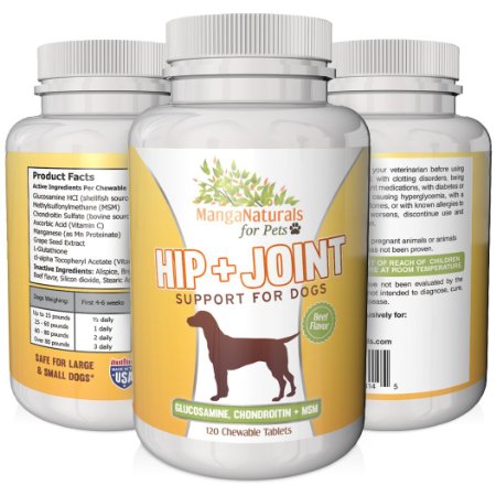 hip and joint support for large and small dogs, 120 double strength chewable tablets, beef flavor glucosamine, chondroitin and msm made in the usa
