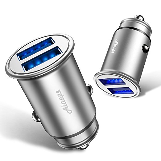 Car Charger, Metal 4.8A/ 24W Mini Dual USB Port Fast Charge Power Adapter Flush Fit for iPhone X/ 8/ 7/ 6s/ Plus, iPad Air 2/ mini 3, Galaxy S9/ S8/ S7 Edge, Note 8/ 5/ 4, LG, HTC - Silver (1 Pack)