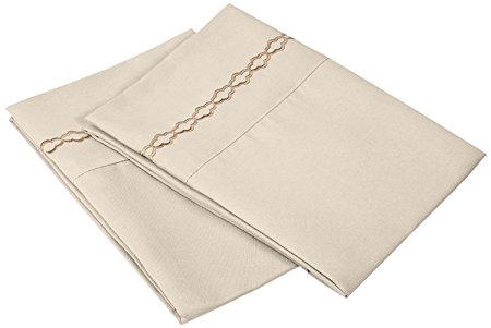 Super Soft Light Weight, 100% Brushed Microfiber, Standard, Tan with Cloud Embroidery 2-Piece Pillowcase Set