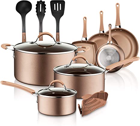 NutriChef PTFE/PFOA/PFOS 14-Piece Nonstick Cookware Set, w/Saucepan, Frying, Cooking Pots, Dutch Oven Pot, Lids, Utensil, Free Heat Resistant Lacquer Kitchen Ware Pots Pan