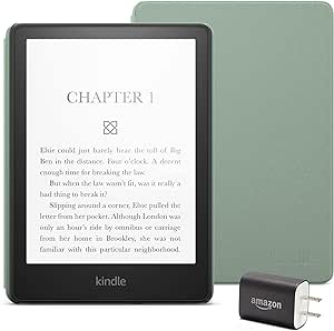 Kindle Paperwhite Essentials Bundle including Kindle Paperwhite (16 GB) - Black - Without Lockscreen Ads, Leather Cover - Agave Green, and Power Adapter