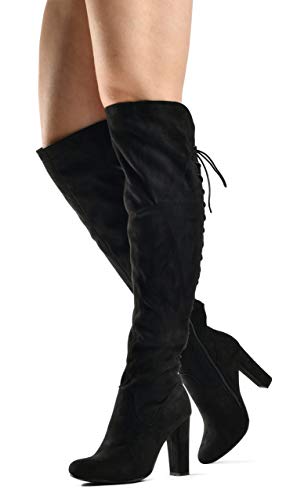 Zoe Stretch Thigh High Boots - Trendy Comfortable Block Heel - Over The Knee Pullon Sexy Back Lace Up