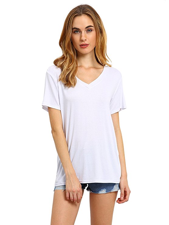 ROMWE Women's Summer Short Sleeve T-Shirt Basic Deep V Neck Tee