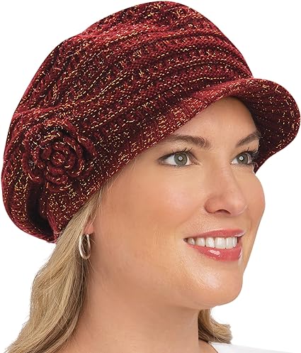 Collections Etc Lurex Ribbed Knit Crochet Flower Accented Hat