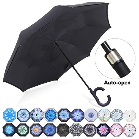 ZOMAKE Auto Open Double Layer Inverted Umbrella Cars Reverse Umbrella, UV Protection Windproof Large Straight Umbrella for Car Rain Outdoor with C-Shaped Handle