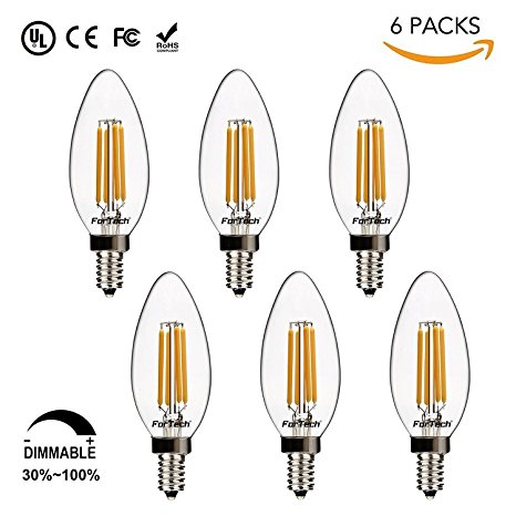 Classic Candelabra Light Bulb, E12 LED Bulb, ForTech Dimmable 5W / 2700K Warm/ Equivalent 50W/ White 500 Lumen Decorative Candle Light (6 Packs)