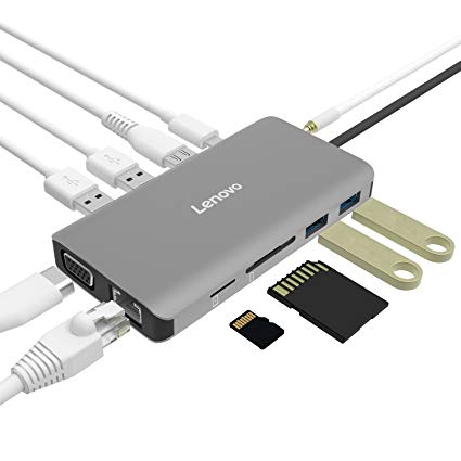 Lenovo USB C Hub, Type C Adapter 4K HDMI, VGA, Gigabit Ethernet, USB C PD Power Delivery, USB 3.0, USB 2.0, SD/TF Card Reader, Audio Jack MacBook Pro Google Chromebook