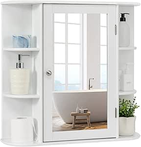 Giantex Mirrored Bathroom Medicine Cabinet - Wall Mounted Bathroom Hanging Cabinet with Single Door, 3 Adjustable Shelves, Storage Cabinet for Hallway, Living Room, Wall Cabinet Over Toilet (White)