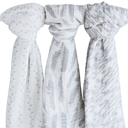 Muslin Swaddle Blanket 100% Soft Muslin Cotton 3 Pack 47"x 47" Classic Grey Combo Unisex for Baby Girl or Baby Boy