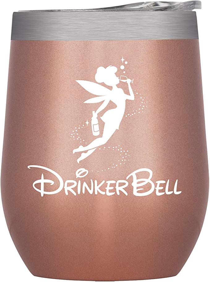 Chris's Stuff 12 oz Wine Tumbler - Iced Coffee Mug with Splash-Proof Lid. Stainless Steel Double Wall Vacuum Insulated with Inner Layer of Copper to Keep Drinks Cold/Hot - Quote: Drinker Bell
