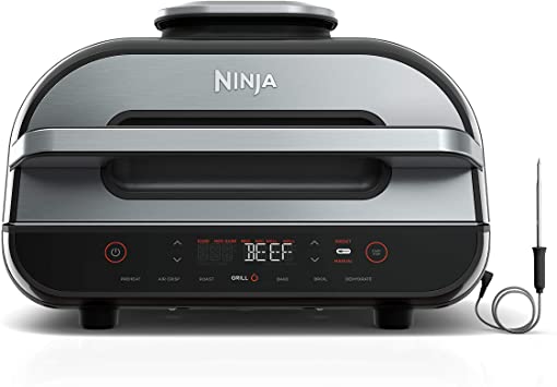 Ninja FG551 Foodi Smart XL 6-in-1 Indoor Grill with 4-Quart Air Fryer Roast Bake Dehydrate Broil and Leave-in Thermometer, with Extra Large Capacity, and a Stainless Steel Finish