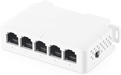 PoE Passthrough Switch, 1 PoE in 4 PoE Out Extender, IEEE802.3af/at/bt PoE Powered 90W, 100Mbps Ethernet, Din Rail & Wall Mount Plug and Play