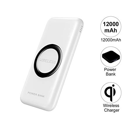 QI Wireless Charger Power Bank 12000mAh Portable Charger Wireless Power Bank 2 in 1 Battery Pack for iPhone 8 8 Plus iPhone X Samsung Galaxy S8 S8  Note 8 S7 S6 Note 5,etc. (White)